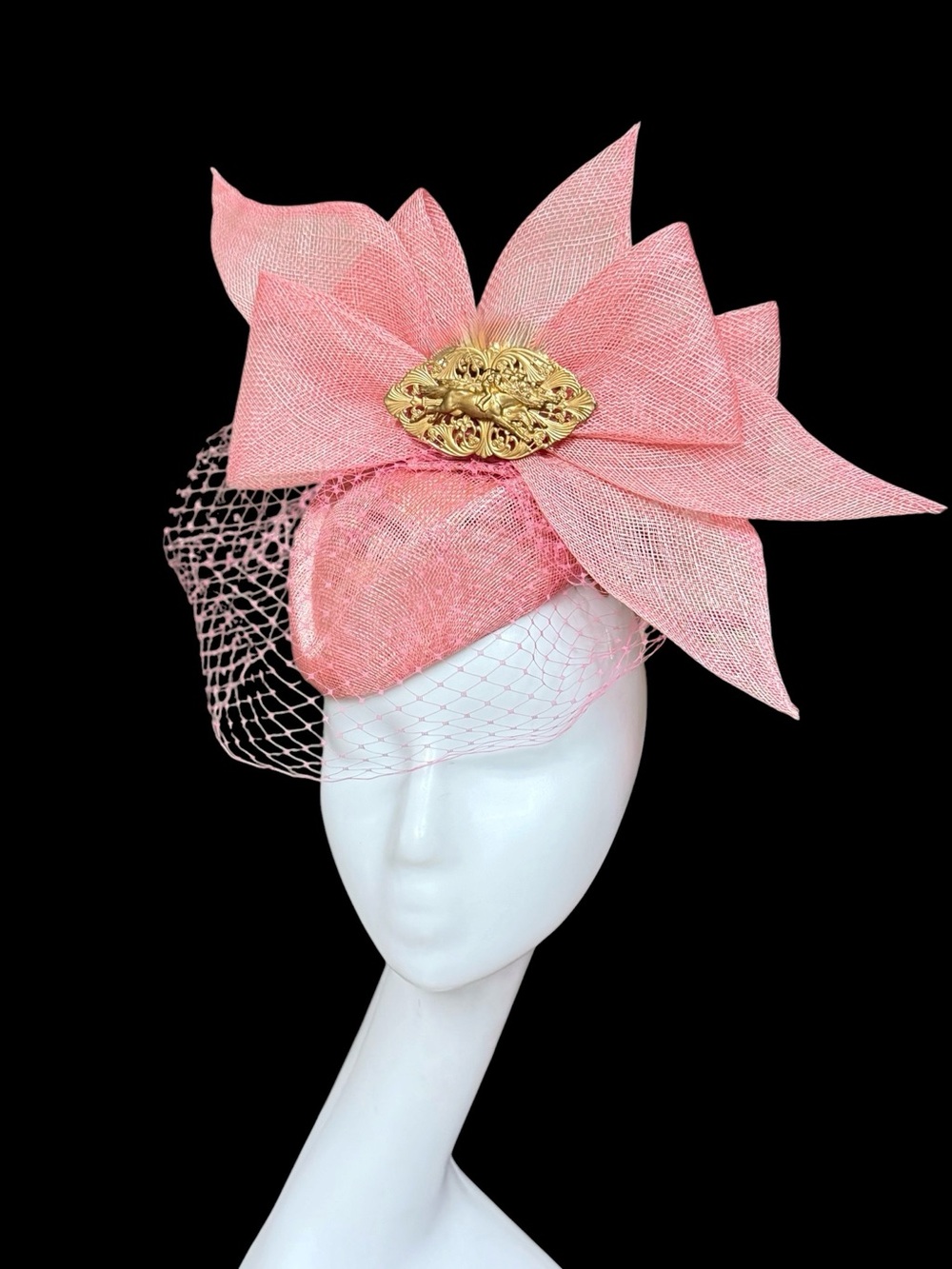 Beautiful pink pillbox hat with horse brooch!  Birdcage veil as well!